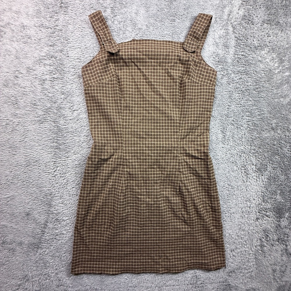 Vintage 90s La Belle Brown Green Plaid Sleeveless Square Neck Mini Dress USA S